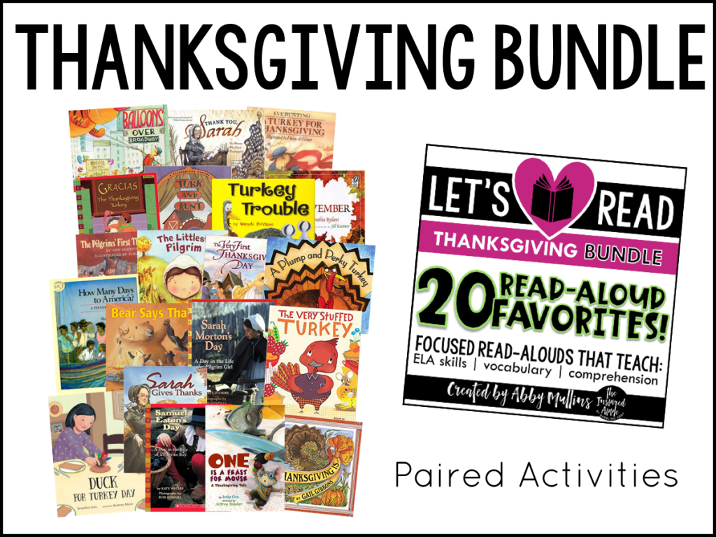 TWENTY of my favorite Thanksgiving-themed picture books and activities that will fit right into your curriculum whether you teach kindergarten, first grade, or second grade. Each book shown below matches with a set of paired activities, so that your lesson plans are ready to roll and you can simply teach!  They’re Common Core standards-aligned, focused on comprehension, vocabulary and a variety of ELA skills, and include three differentiated assessments. BOOM DONE.
