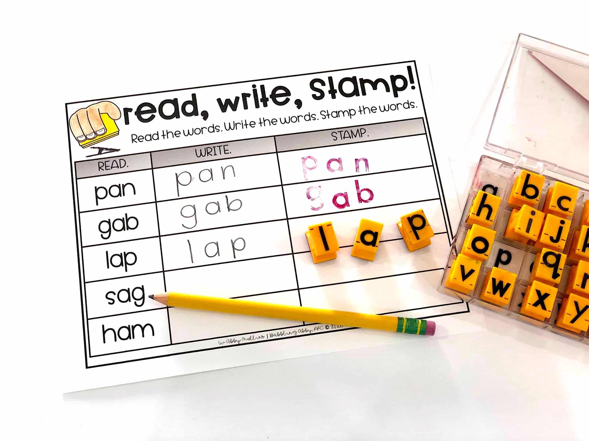 Read, write and stamp Short Vowel word practice to use in word work centers.