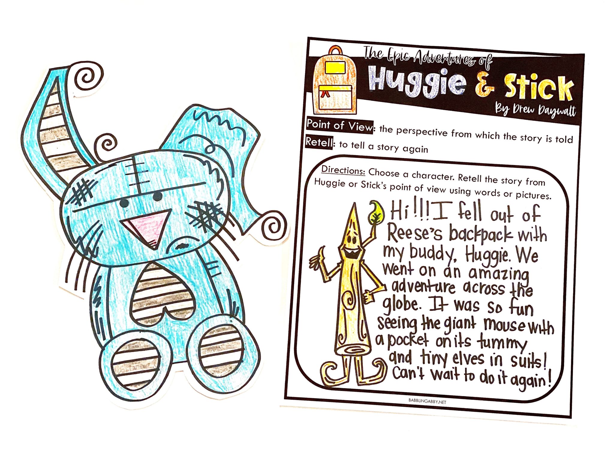 K-5 activities to print and use with the children's book, The Epic Adventures of Huggie and Stick.