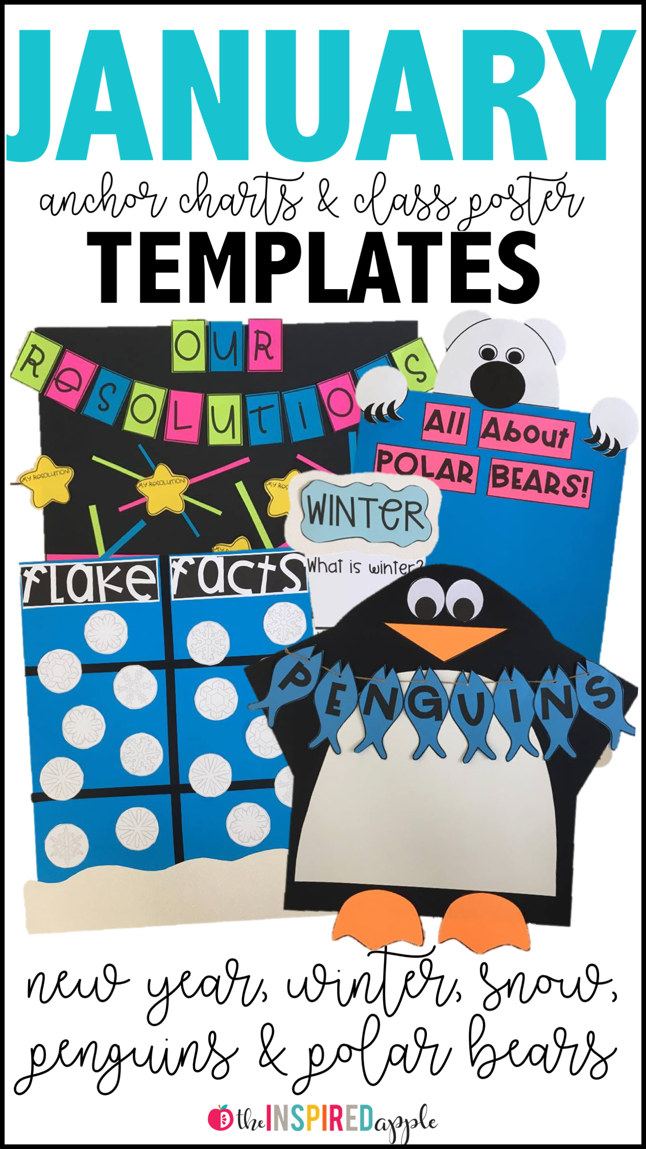 Teachers! How fun are these anchor charts and class posters for the themes you'll study this winter?! New Year, penguins, polar bears, winter, and snow are all included in this set of quick and easy templates for creating adorable accents for your class. They will work great for preschool, kindergarten, first grade, and second grade classrooms!