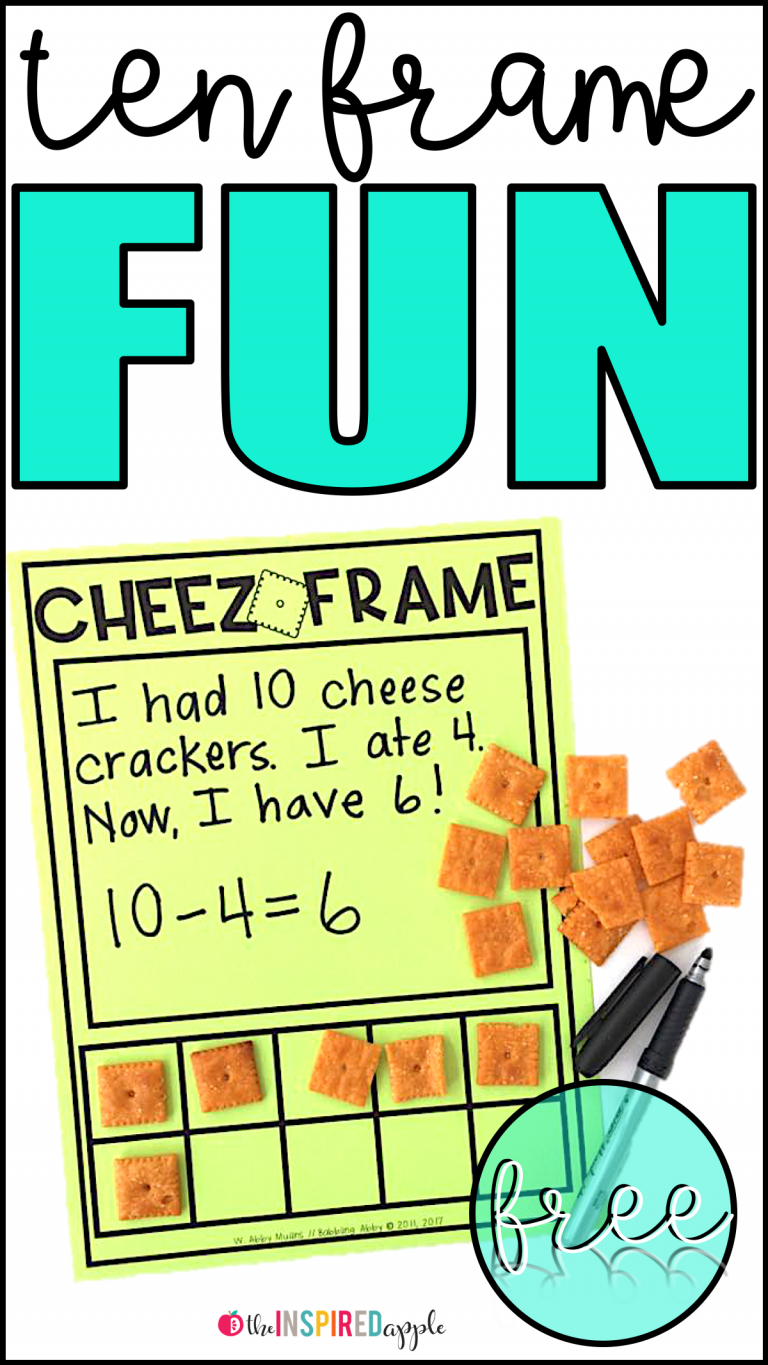 This FREE printable contains three differentiated activity mats to use with cheese crackers as manipulatives! Use the large space to write number sentences, create number stories, make number bonds, write equations, count, or whatever else you can think of! Each page has either a five frame, ten frame, or two ten frames for working with numbers 0 to 20. This is a great number sense activity for preschool, kindergarten, and first grade!