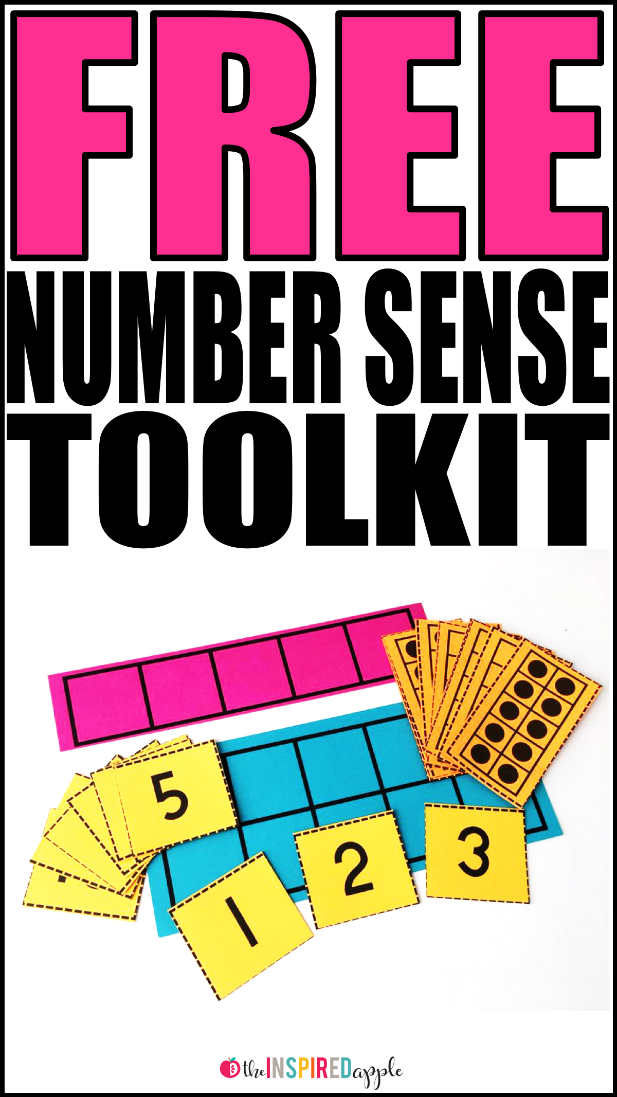 Grab this FREE number sense toolkit that includes a five frame, a ten frame, number cards 0-20, and a set of ten frame cards 0-10. Simply stash them in a gallon sized baggie, clear plastic sleeve, or dry erase pocket for simple storage and organization. They're perfect for small or whole group math activities in kindergarten, first grade, and second grade classrooms!