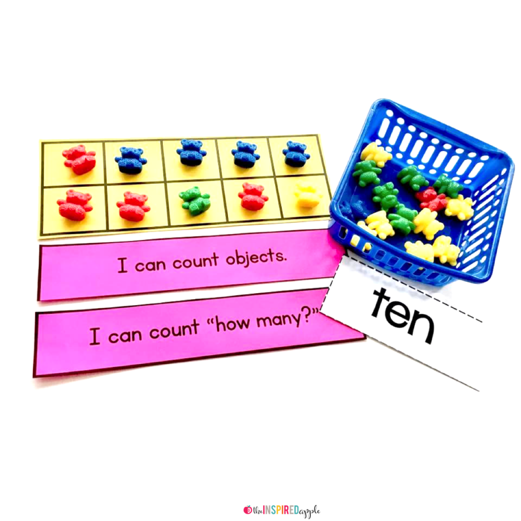 Number sense ten frame activity from kindergarten math intervention curriculum.