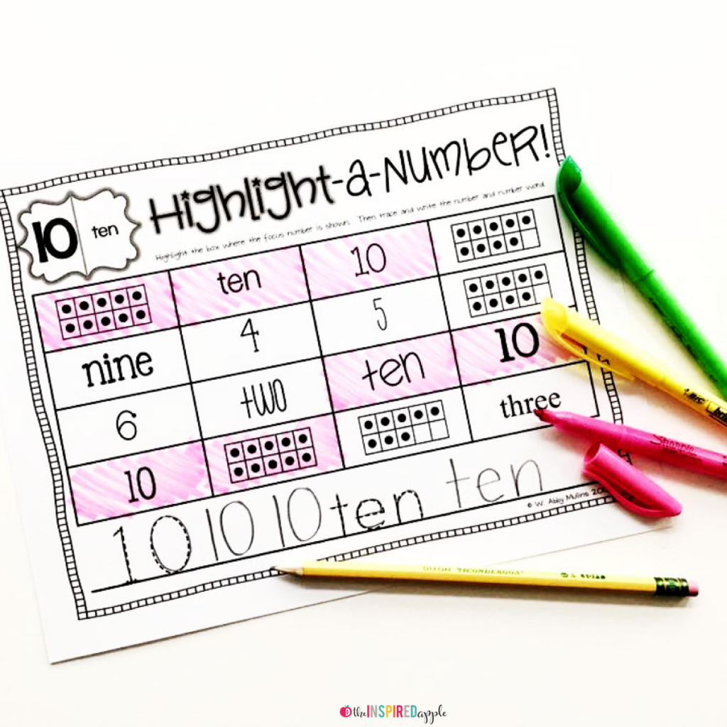Highlight-a-Number mat activities from kindergarten math intervention curriculum.