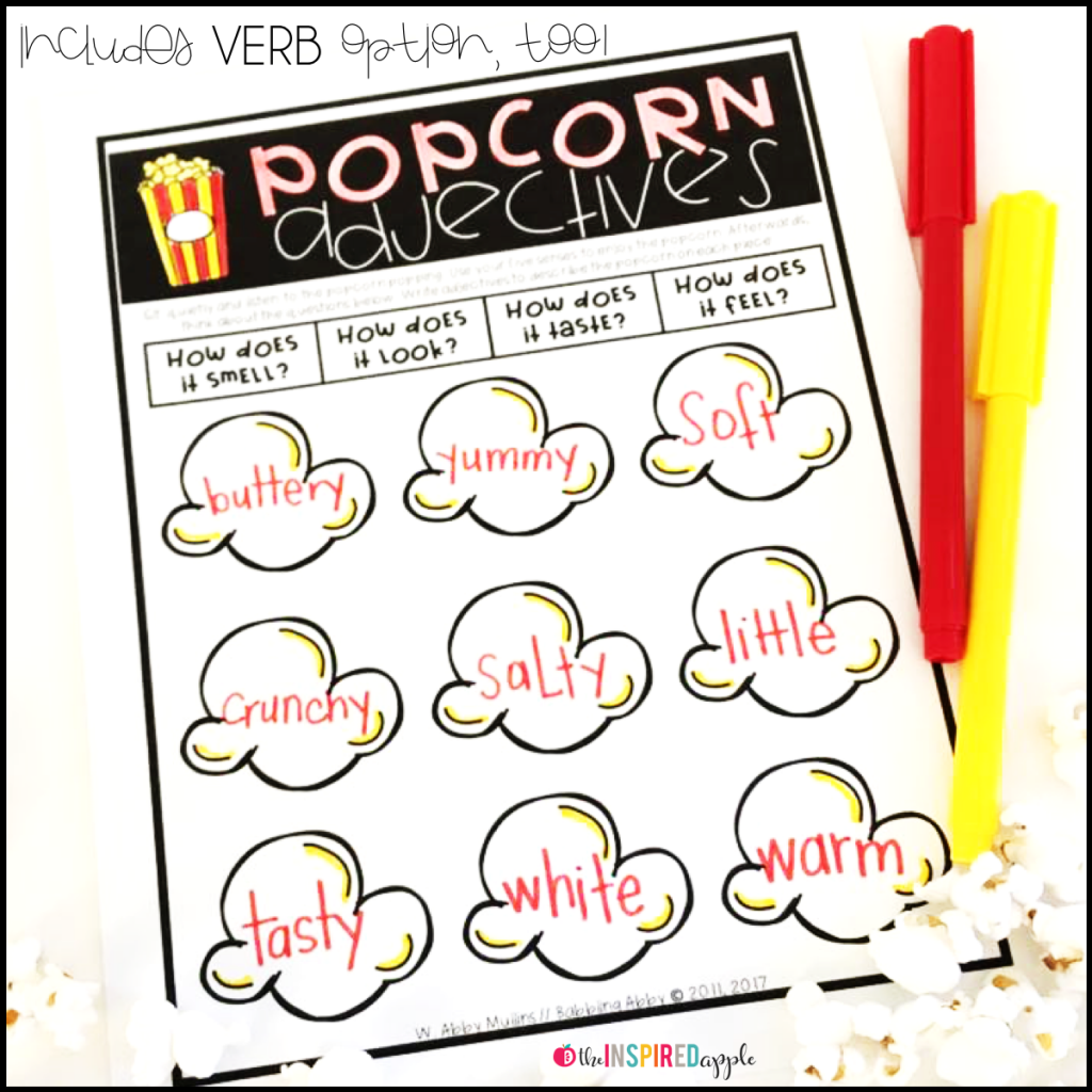 Teaching your kindergarten, first grade, and second grade students about adjectives and verbs has never been MORE FUN! You'll use popping popcorn (either in a microwave or with an actual popcorn popper) to teach your students about adjectives and verbs, encouraging them to use their five senses to really experience the popcorn. This resource includes an engaging lesson plan, student activity sheet to use during instruction, adjectives and verbs sorting center and response sheet, craftivity, and 3 differentiated writing extension pages. Many teachers have used this during a formal observation with rave reviews from administration, but - most importantly - STUDENTS! I promise, your kiddos will LOVE IT!