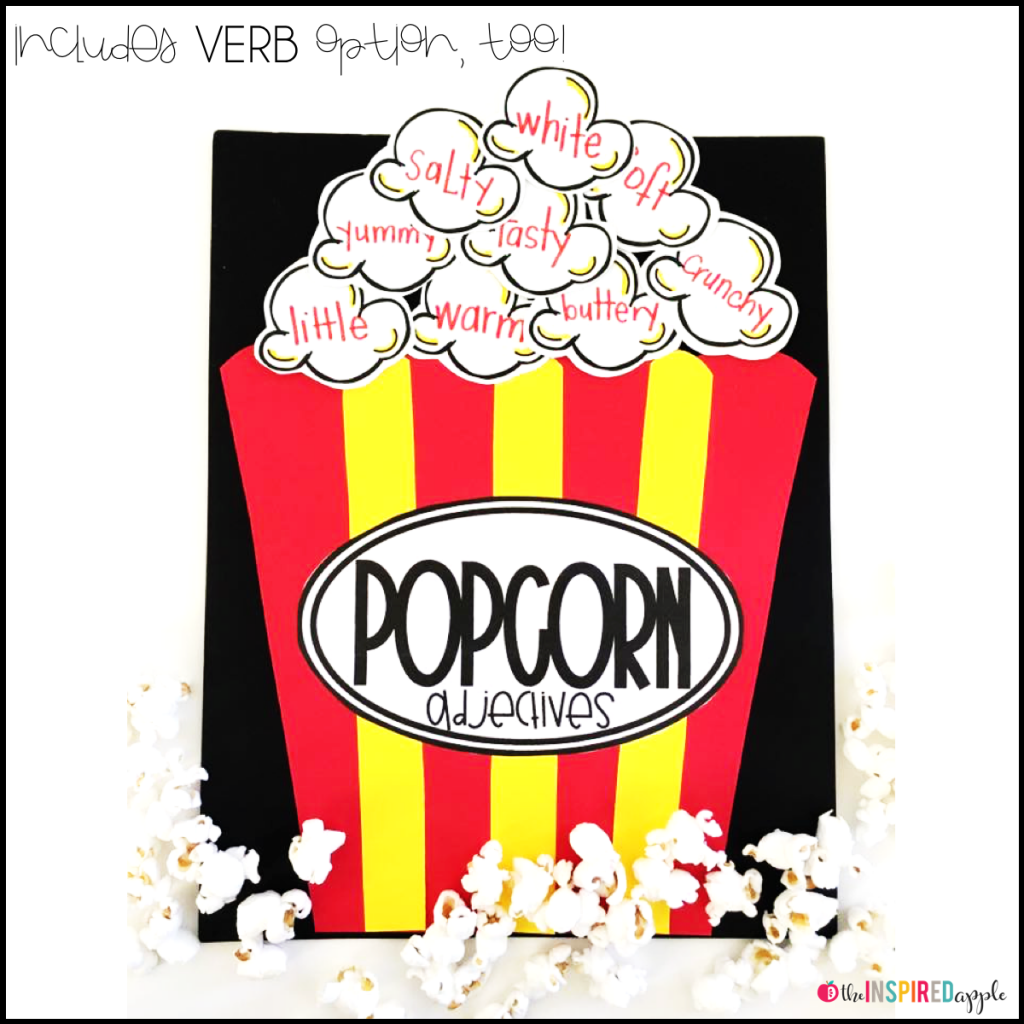 Teaching your kindergarten, first grade, and second grade students about adjectives and verbs has never been MORE FUN! You'll use popping popcorn (either in a microwave or with an actual popcorn popper) to teach your students about adjectives and verbs, encouraging them to use their five senses to really experience the popcorn. This resource includes an engaging lesson plan, student activity sheet to use during instruction, adjectives and verbs sorting center and response sheet, craftivity, and 3 differentiated writing extension pages. Many teachers have used this during a formal observation with rave reviews from administration, but - most importantly - STUDENTS! I promise, your kiddos will LOVE IT!