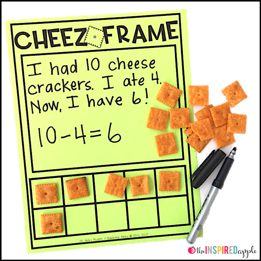 This FREE printable contains three differentiated activity mats to use with cheese crackers as manipulatives! Use the large space to write number sentences, create number stories, make number bonds, write equations, count, or whatever else you can think of! Each page has either a five frame, ten frame, or two ten frames for working with numbers 0 to 20. This is a great number sense activity for preschool, kindergarten, and first grade!