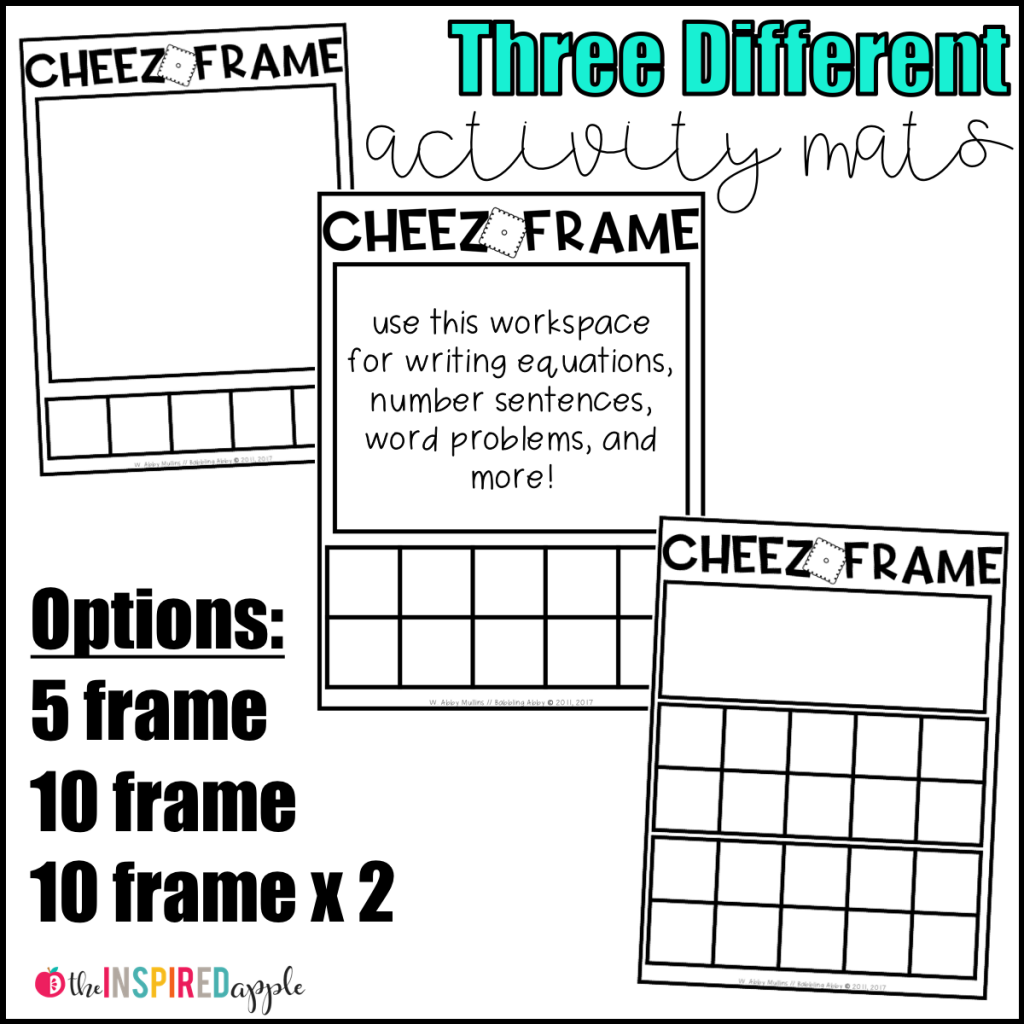 This FREE printable contains three differentiated activity mats to use with cheese crackers as manipulatives! Use the large space to write number sentences, create number stories, make number bonds, write equations, count, or whatever else you can think of! Each page has either a five frame, ten frame, or two ten frames for working with numbers 0 to 20. This is a great number sense activity for preschool, kindergarten, and first grade!