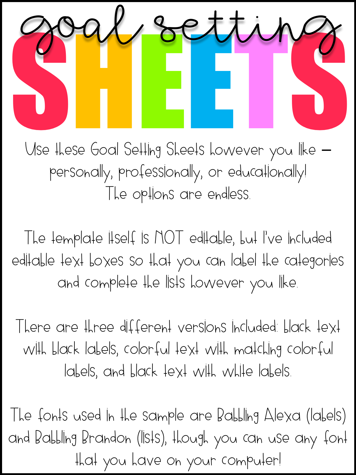 This set of goal setting worksheets is perfect for personal, professional, and educational use. They're FREE to download and include editable text boxes so that you can add your own content to the template. You can use them digitally or print them out and write directly on the resource. Teachers will love how easy they are to use! They're perfect for organizing your monthly to-do list at school or at home!