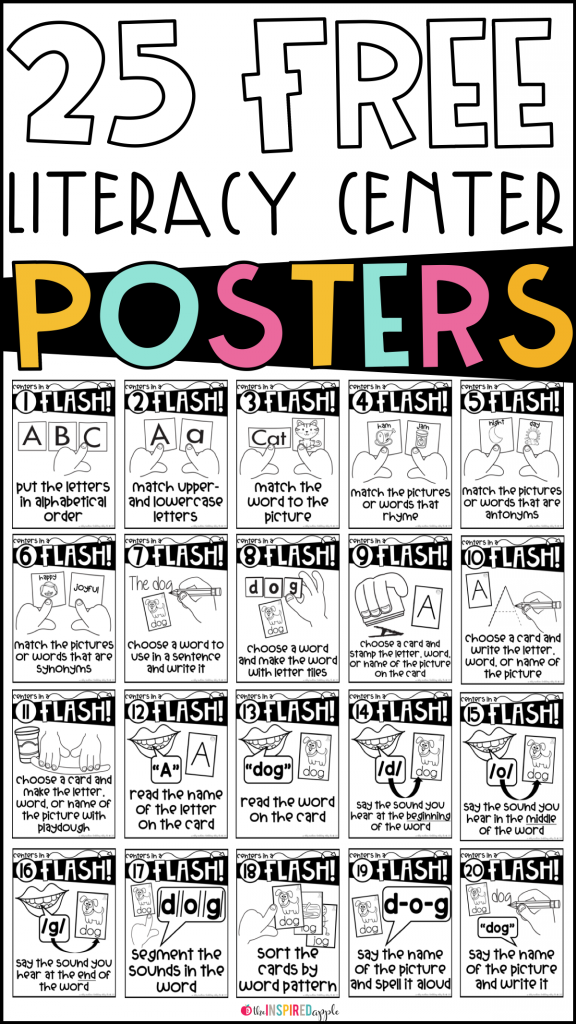 This is a set of 25 no-prep literacy centers activity posters. These were designed to compliment Kindergarten in a Flash and First Grade in a Flash flashcard sets, though you can use them with existing flashcards you already own OR you can easily use index cards to create your own flashcards specific to your curriculum. They're perfect for preschool, kindergarten, and first grade students and can easily be incorporated into you daily center rotations, small group activities, or ELA curriculum. The targeted skills include phonemic awareness, letter identification, letter-sound correspondence, writing, grammar, word families, vowel teams, r-controlled vowels, digraphs, diphthongs, homophones, antonyms, synonyms, and more!