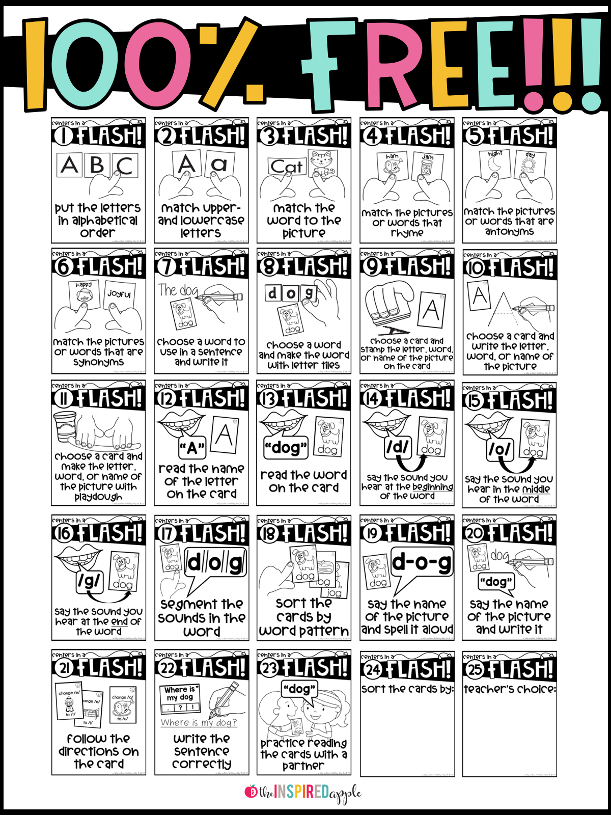 This is a set of 25 no-prep literacy centers activity posters. These were designed to compliment Kindergarten in a Flash and First Grade in a Flash flashcard sets, though you can use them with existing flashcards you already own OR you can easily use index cards to create your own flashcards specific to your curriculum. They're perfect for preschool, kindergarten, and first grade students and can easily be incorporated into you daily center rotations, small group activities, or ELA curriculum. The targeted skills include phonemic awareness, letter identification, letter-sound correspondence, writing, grammar, word families, vowel teams, r-controlled vowels, digraphs, diphthongs, homophones, antonyms, synonyms, and more!