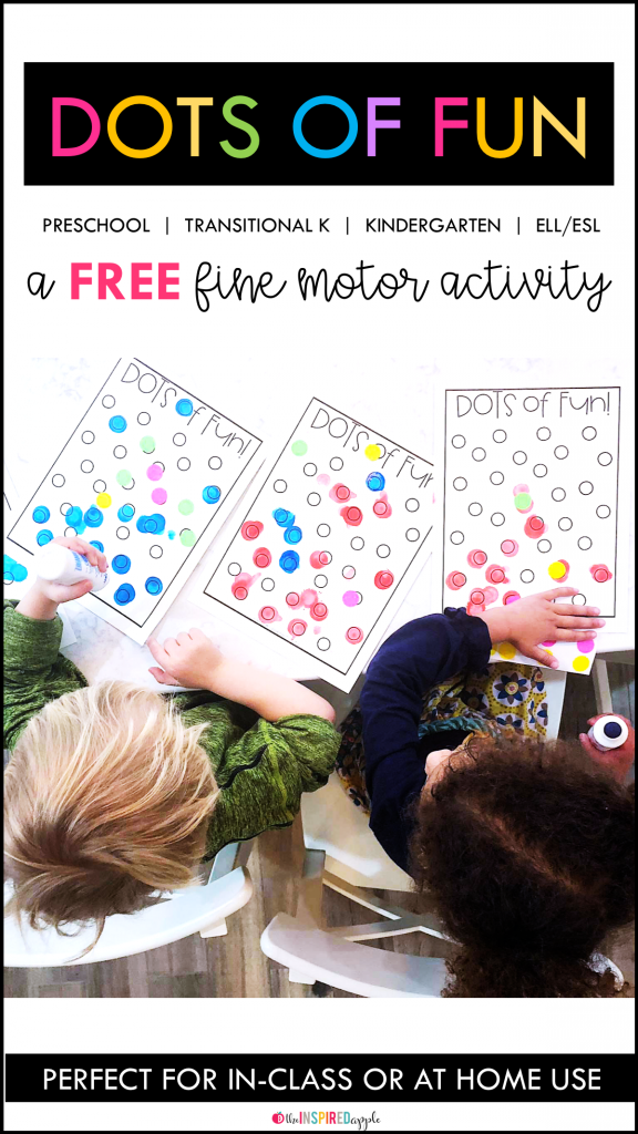 Make a several copies of these FREE activity pages and provide your kids with markers, mini erasers, marshmallows, daubers, q-tips and paint, crayons, stickers or whatever you have around! Then, their job is to fill in, cover, dot, or cross out the dots on the page. That's it! Easy, engaging, an inexpensive FUN. This would make a great morning activity in the classroom during morning work or at home with your kiddos to work on fine motor skills.