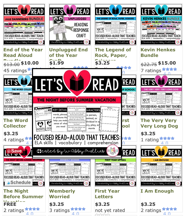 Introducing the Let's Read Series! This set of fantastic resources is set to include all of your favorite read-alouds for grade kindergarten, first grade and second grade. They are common core aligned, low prep, and easy to implement. Each resource in the Let's Read series includes a combination of ELA posters, vocabulary words and definitions, text-based questions, writing prompts, collaborative poster templates, and differentiated comprehension checks. The purpose of these resources is to help you turn a read-aloud into a standards-based lesson in and of itself. It's all-inclusive, engaging, and meaningful!