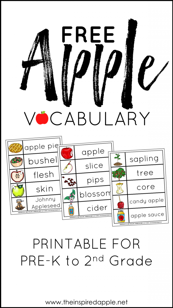 Are you getting ready to teach an apple unit? Then, you'll definitely want to grab this free download from The Inspired Apple! It includes fifteen apple-themed vocabulary words that you can use in a writing center, alongside a read-aloud, or even at a center to help students better understand the content terms. Teachers and students will love adding this to their apple activities in the month of September. Also included are two writing pages. #apples #appleactivities #printable #free #download #appleunit #johnnyappleseed #appletree #lifecycle #vocabulary