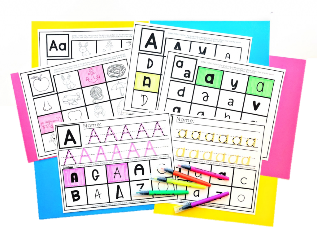 It always amazes me how much using a highlighter increases student engagement, attention to task, and activity completion. This is a set of alphabet activities that use a highlighter (or dry erase marker) to help students practice letter recognition and identification, phonemic awareness and handwriting. There are six different activity mats included. Check them out over at The Inspired Apple! #preschool #kindergarten #firstgrade #secondgrade #literacy #ELA #literacycenters #letterpractice #school #teacher #alphabet