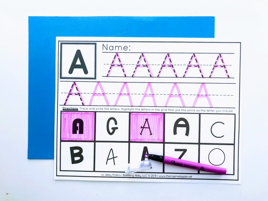 It always amazes me how much using a highlighter increases student engagement, attention to task, and activity completion. This is a set of alphabet activities that use a highlighter (or dry erase marker) to help students practice letter recognition and identification, phonemic awareness and handwriting. There are six different activity mats included. Check them out over at The Inspired Apple! #preschool #kindergarten #firstgrade #secondgrade #literacy #ELA #literacycenters #letterpractice #school #teacher #alphabet