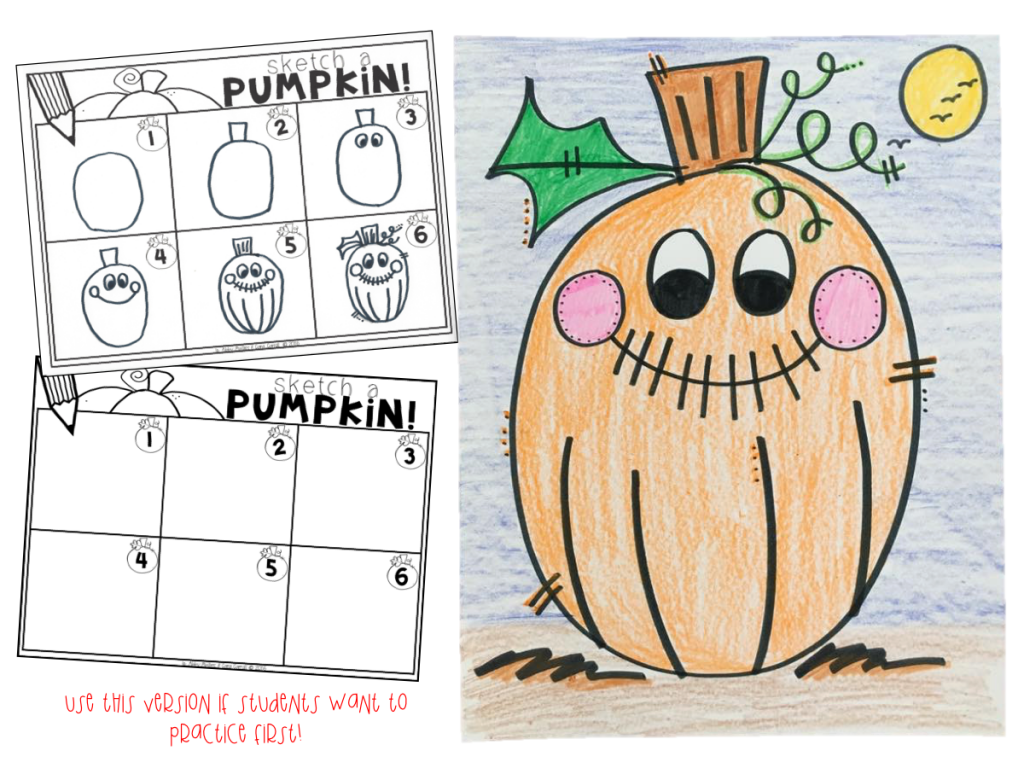 A free pumpkin directed drawing printable that's perfect for preschool, kindergarten, first grade, and second grade.