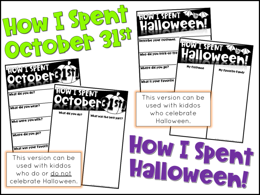 Use this FREE printable in your elementary classroom the day after Halloween. This activity provides the teacher with four differentiated worksheets that teachers can use post-Halloween so that students can describe how they spent October 31st. This activity can be used with students who do and do not celebrate the holiday. #Halloween #free #freebie #printable #worksheet #kindergarten #preschool #firstgrade #secondgrade #thirdgrade #fourthgrade #fifthgrade #homeschool #costumes #fun #teach #ELA #writing #writingactivity