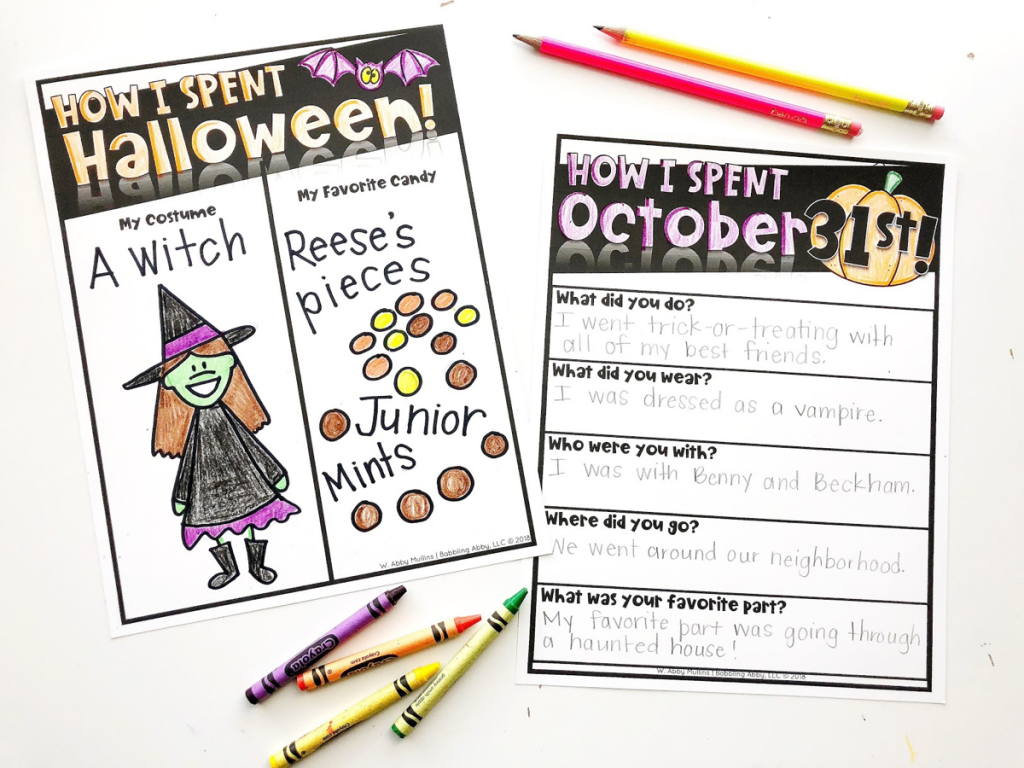 Use this FREE printable in your elementary classroom the day after Halloween. This activity provides the teacher with four differentiated worksheets that teachers can use post-Halloween so that students can describe how they spent October 31st. This activity can be used with students who do and do not celebrate the holiday. #Halloween #free #freebie #printable #worksheet #kindergarten #preschool #firstgrade #secondgrade #thirdgrade #fourthgrade #fifthgrade #homeschool #costumes #fun #teach #ELA #writing #writingactivity
