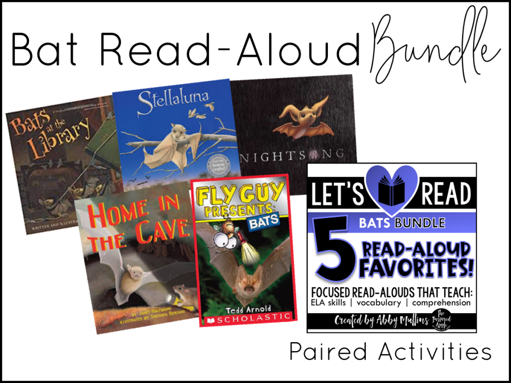 Today, I’m sharing FIVE of my favorite bat-themed picture books and activities that will fit right into your curriculum whether you teach pre-k, kindergarten, first grade, or second grade. Each book shown below matches with a set of paired activities, so that your lesson plans are ready to roll and you can simply teach!  They’re Common Core standards-aligned, focused on comprehension and vocabulary, and include three differentiated assessments. BOOM DONE.