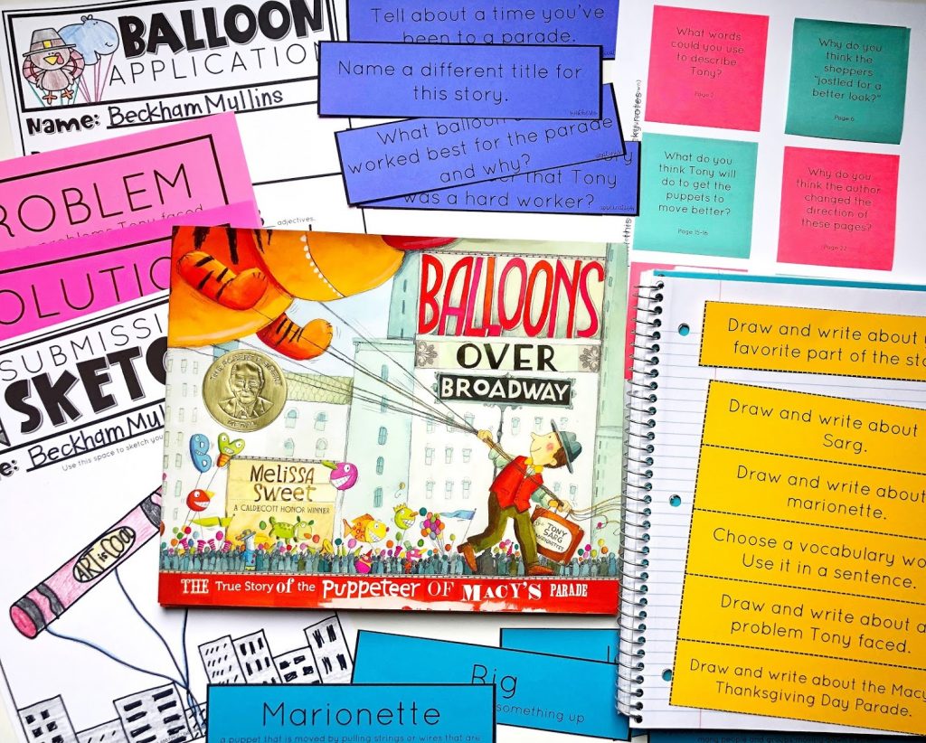 This post shares several standards-based ELA activities you can use with the Thanksgiving read-aloud, Balloons Over Broadway by Melissa Sweet. Students in kindergarten, first grade, second grade, and even third grade will benefit from this collection of activities that cover vocabulary, comprehension, text-based questions matched to Bloom's Taxonomy, and differentiated assessments! It's the perfect Thanksgiving picture book with colorful illustrations and a great story to match! #ELA #babblingabby #tpt #inspiredapple #teacher #teach #thematicunit #Thanksgiving #holiday #kidlit #readaloud #picturebook #parade #elementary #kindergarten #firstgrade #secondgrade #thirdgrade #homeschool