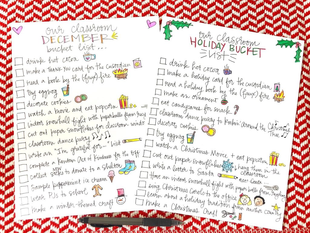 Enjoy this free printable holiday bucket list to use in your classroom at school! Your students will love the festive tasks and activities incorporated into the school day. They're simple and inexpensive and the perfect way to celebrate the Christmas holiday with your students in preschool, kindergarten, first grade, second grade, third grade, fourth grade, and fifth grade! There are two different versions - one that is Christmas-specific and the other is more general and inclusive. #christmas #holiday #bucketlist #free #printable #printables #handdrawn