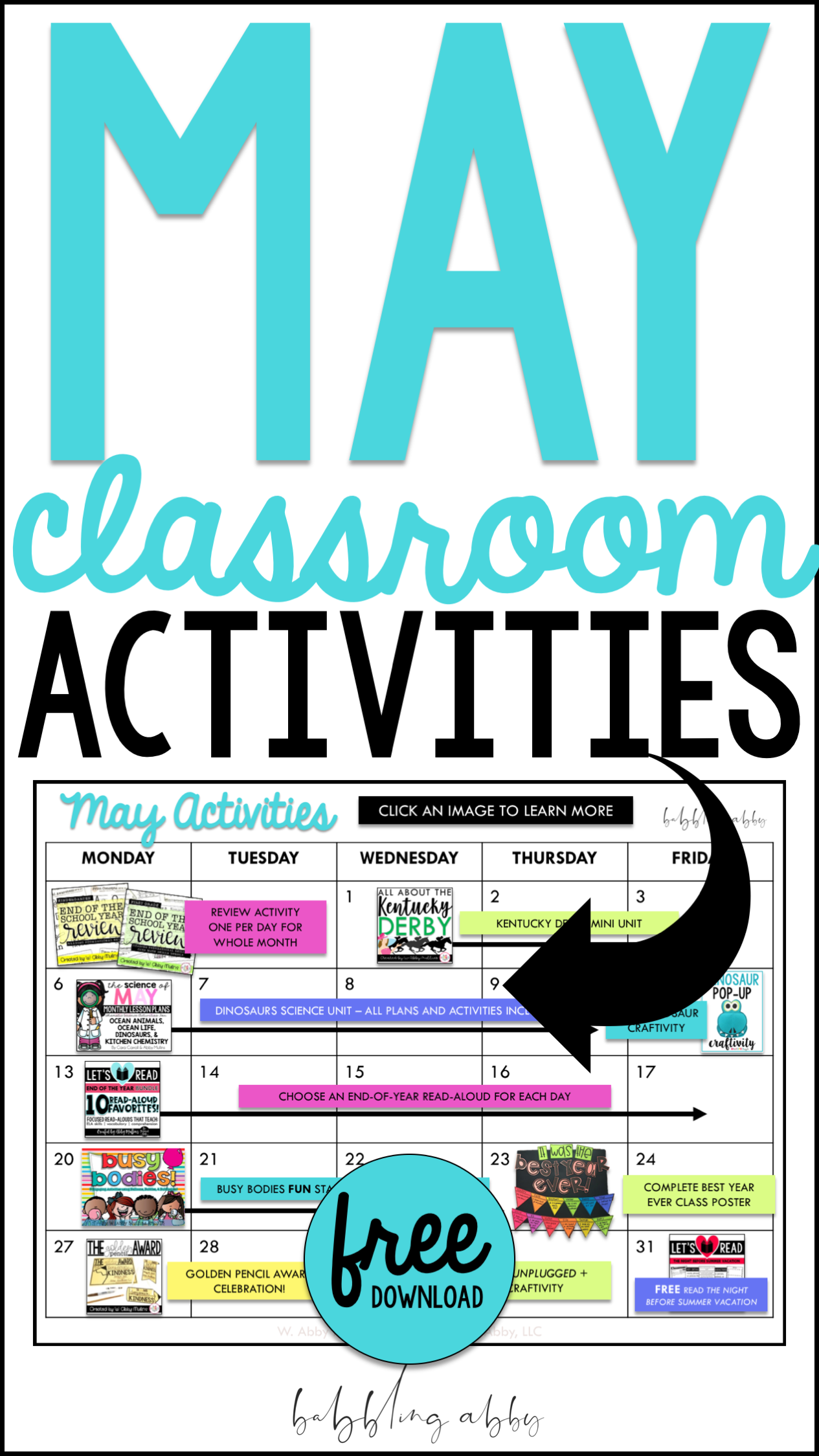 These activities for May will be perfect for your classroom as you wrap up the school year! There are fun ideas, free printables, book suggestions, literacy activities, end of the year awards, and so much more! Download the free planning calendar today to use in your kindergarten, first grade, or second grade classroom! #school #endoftheyear #freeprintables #may #classroom #activities #ideas #dinosaurs #review #math #babblingabby #theinspiredapple