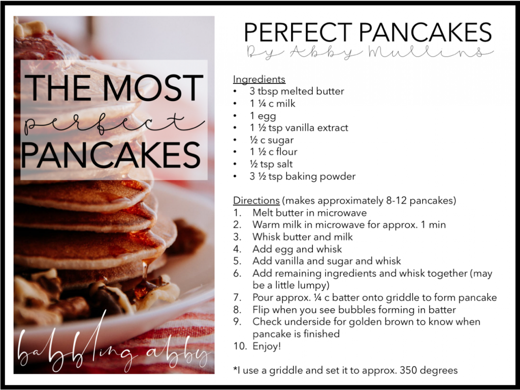 Perfect pancakes. Easy homemade pancake recipe. Delicious and simple pancake recipe.  Common ingredients used in this perfect, easy, homemade pancake recipe. Pancakes from scratch. Free printable pancake recipe. 