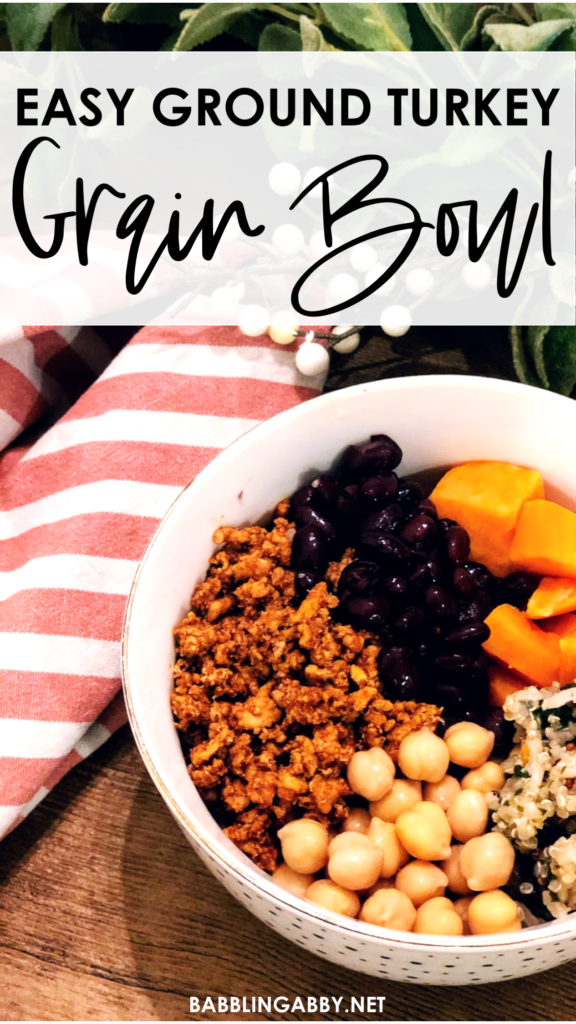 Have you ever wanted to try a grain bowl, but were discouraged by the amount of prep involved? Well, I’m here to tell you that it doesn’t have to be time-intensive or complicated to have a healthy grain bowl prepped and ready for dinner in fifteen minutes or less. This easy ground turkey grain bowl uses mainly frozen or canned ingredients that come together to make a tasty meal. #grainbowl #thatbowllife #groundturkey #dinner #bowls #mealprep #delcious #lowprep #easy #tasty #chickpeas #blackbeans #feta #cheese  #babblingabby babblingabby.net 