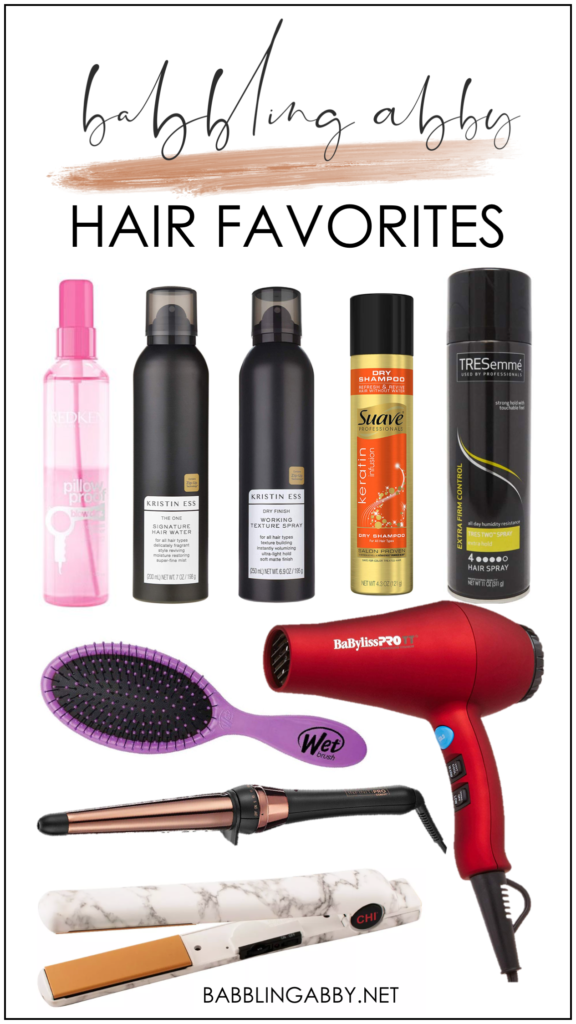 These are Babbling Abby’s favorite hair products, most of which you can shop right from the comfort of home or find in-store at your favorite retailers. Included are recommendations for blow out spray, texturizing spray, dry shampoo, hairspray, hair water, wet brush, curling wand, straightener, and a hair dryer. #babblingabby #hairproducts #hair #favoritefinds #favoriteproducts #ulta #amazon #target #pillowproof #dryshampoo #curlingwand #straightener babblingabby.net