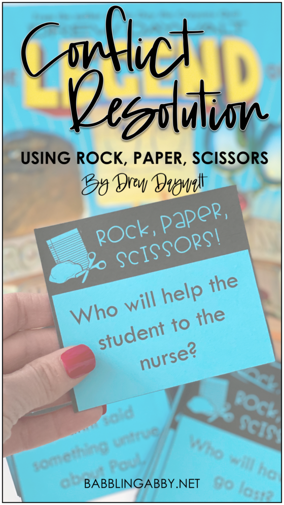 This conflict resolution activity pairs great with the picture book, Rock, Paper, Scissors by Drew Daywalt. Help you students differentiate between a conflict that they can handle amongst themselves and those that need teacher intervention. A simple activity with real-life applications! Suitable for use in kindergarten, first grade, second grade, and third grade classrooms. Free printables included. Babblingabby.net #babblingabby #conflictresolution #drewdaywalt #adamrex #rockpaperscissors #activities #classroomcommunity #classroomculture #kindergarten #firstgrade #secondgrade #thirdgrade 