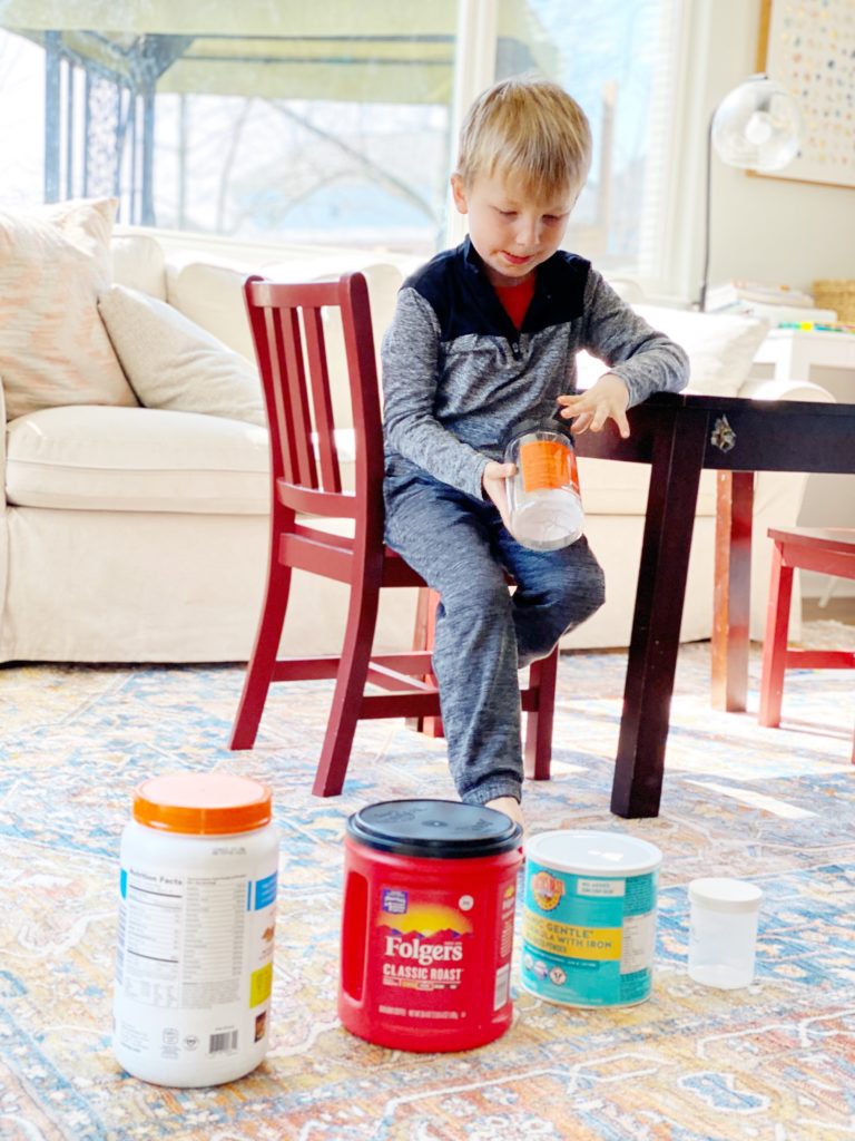 STEM Activities with Food Containers: arranging containers from small to large.