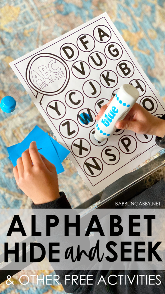 Alphabet Hide and Seek is a simple and fun way to review the alphabet with your child or student. Grab the free printable to use with this literacy activity, along with several other activities that you can use with your preschooler or kindergartner. #kindergarten #preschool #homeschool #freeprintables #alphabetactivity #literacy #babblingabby babblingabby.net