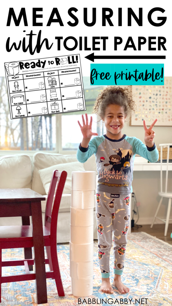 Measuring household objects with toilet paper can roll out a lot of fun when you're stuck inside and have some excess rolls on hand! Perfect for teaching non-standard measurement, counting, and writing numerals, too! #kindergarten #preschool #homeschool #freeprintables #measurement #math #babblingabby babblingabby.net