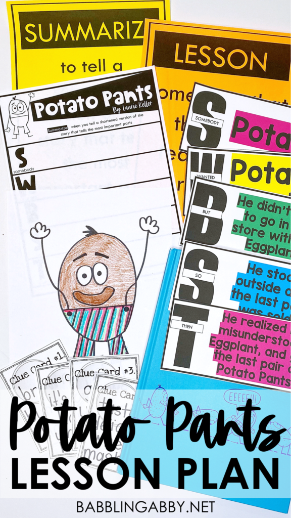 This post shares a Potato Pants lesson plan to use with the book by Laurie Keller. It  includes free printables for teaching lesson and summarizing. Additionally, there is a video lesson included where Abby reads the book aloud to students and interacts with them virtually. #kindergarten #preschool #first grade #second grade #homeschool #freeprintables #freeprintables #babblingabby babblingabby.net
