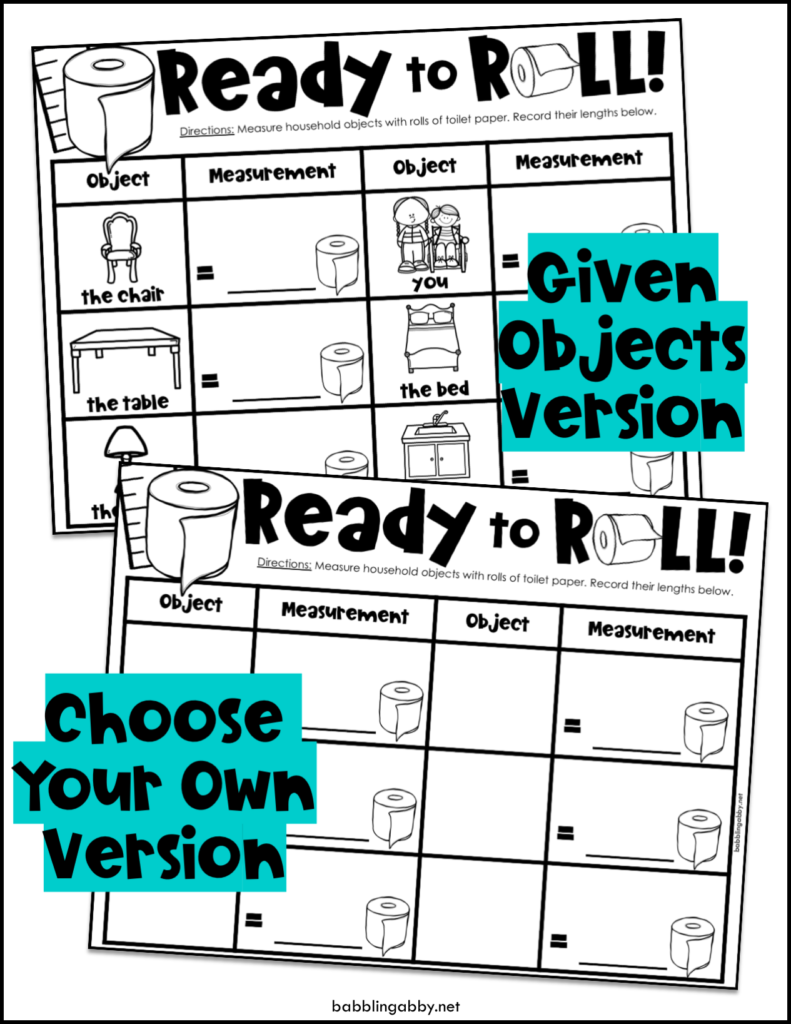 Measuring household objects with toilet paper can roll out a lot of fun when you're stuck inside and have some excess rolls on hand! Perfect for teaching non-standard measurement, counting, and writing numerals, too! #kindergarten #preschool #homeschool #freeprintables #measurement #math #babblingabby babblingabby.net