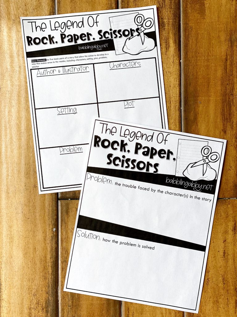 Download your free printable problem and solution recording worksheets to pair with the book, The Legend of Rock, Paper, Scissors.