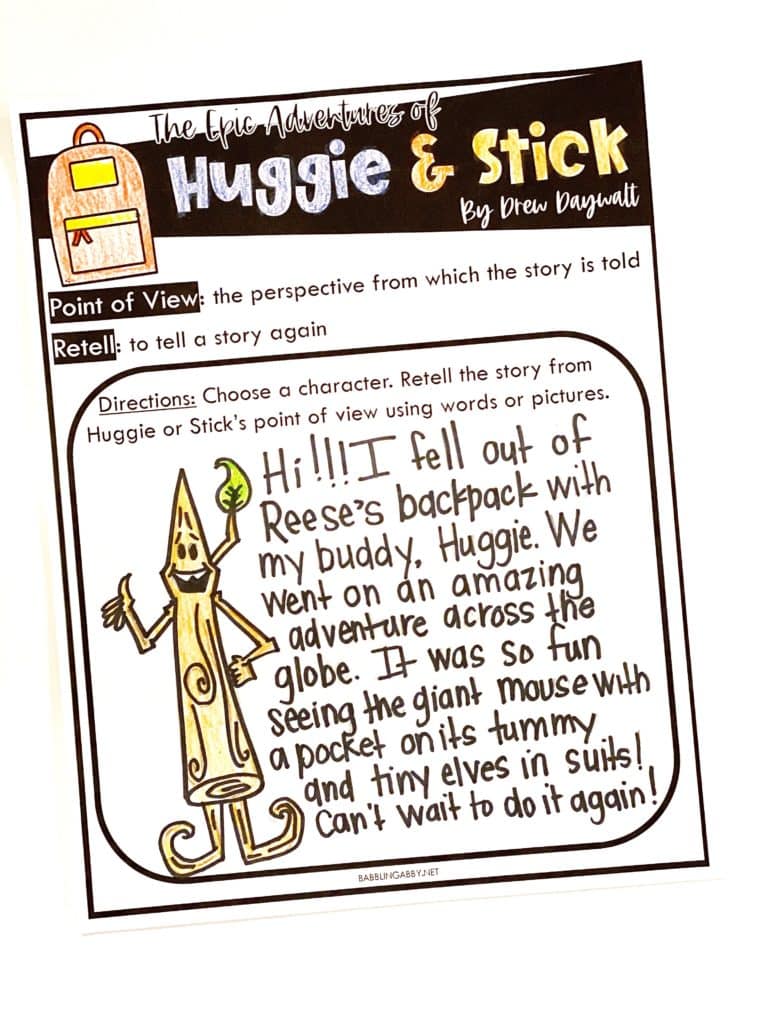 K - 5 point of view and retelling worksheet to accompany the book, The Epic Adventures of Huggie & Stick.