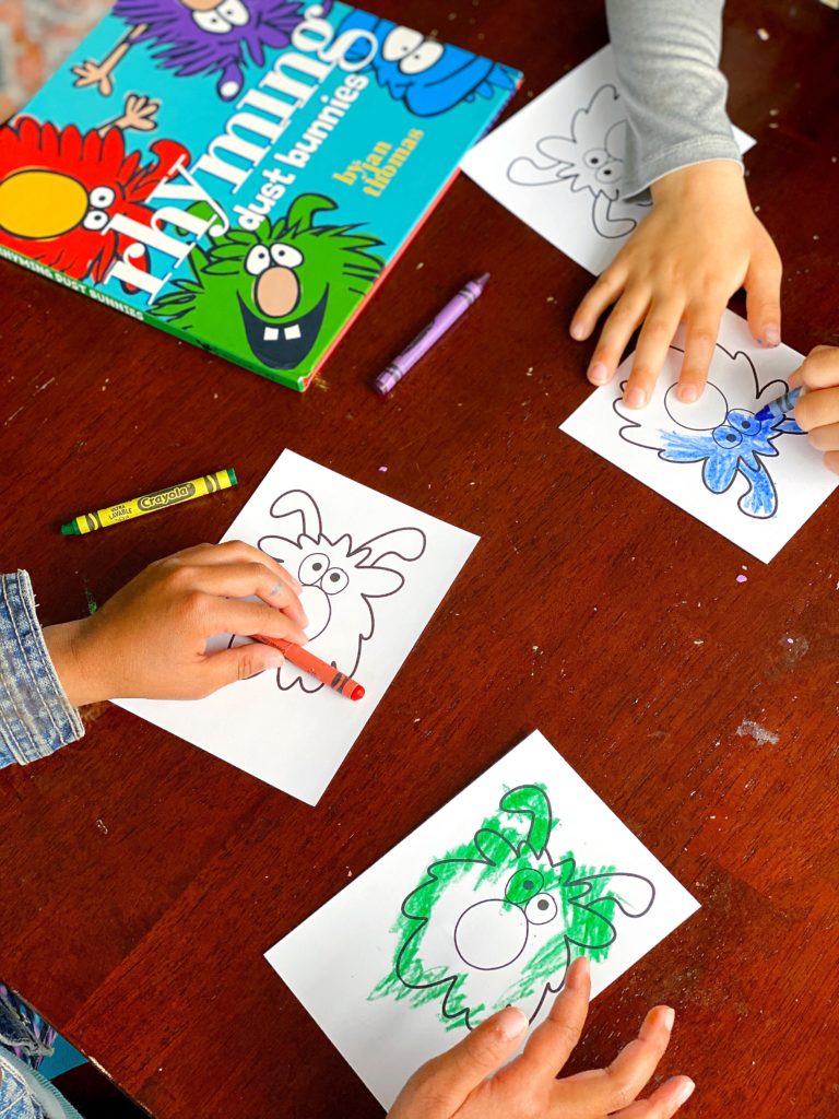 A simple retelling activity for preschool using free printables for the book Rhyming Dust Bunnies.