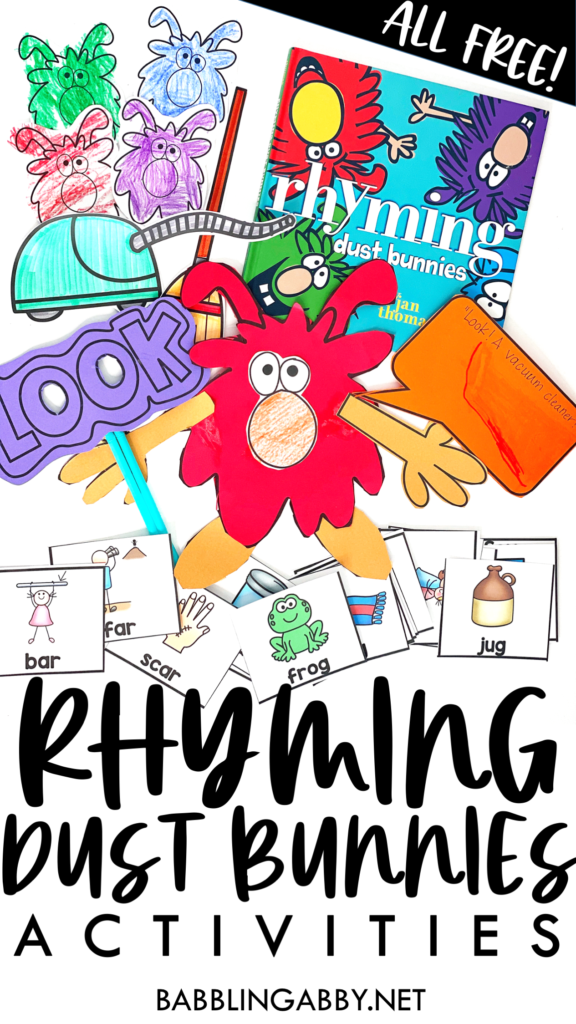 Grab a set of free Rhyming Dust Bunnies activities! This post not only includes a video read-aloud, but also several free printables to use right alongside the book. You can use these ideas and activities for distance learning with preschoolers, kindergarteners, or even first graders. #rhymingwords #rhyming #rhymingdustbunnies #preschool #kindergarten #distancelearning #NTI #free #printables