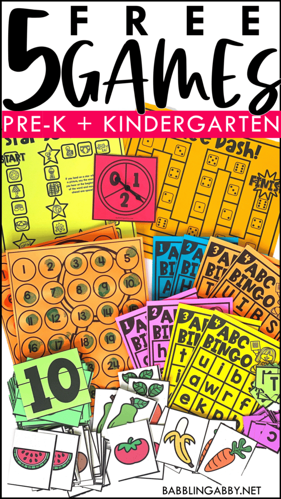 Need some fun review games for your preschooler or kindergartener? Check out this post that has five free printable games to use for math and reading activities. Practice uppercase and lowercase letter recognition, recognizing number to 30, subitizing, letter sounds and memory! All FREE to use with kids ages 6 and under for in school, home school, or distance learning. #free #printables #math #ELA #reading #alphabet #memory #letterrecognition #bingo #games #educationalgames #babblingabby babblingabby.net