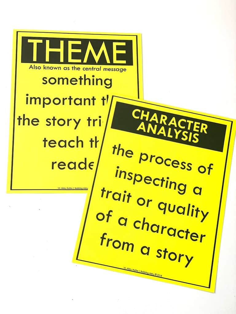 Printable definition posters for "Theme" and "Character Analysis."