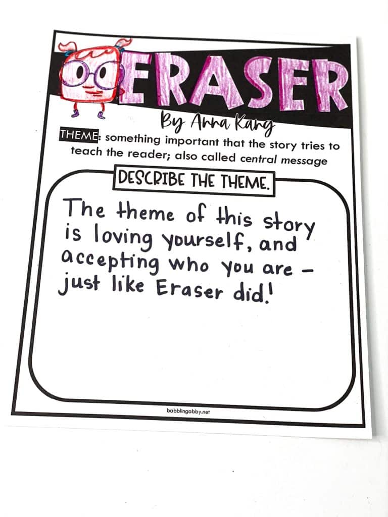 Describe the Theme worksheet for the book, Eraser.