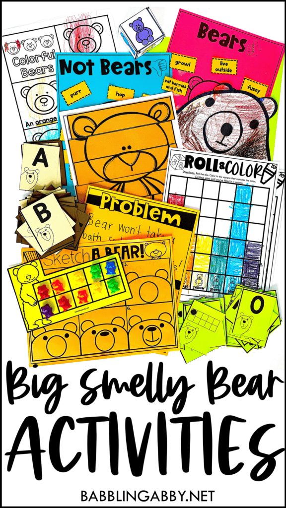 This post shares a Big Smelly Bear video read-aloud and activities to use alongside the book. Your children or students will love watching the story come to life, in addition to completing several thematic activities. It’s perfect for distance learning instruction, and helpful for parents as teachers, too!  #parentsasteachers #freeprintables #kidlit #videolesson #ELA #pointofview #math #NTI #distancelearning #preschool #kindergarten #firstgrade #secondgrade #babblingabby babblingabby.net