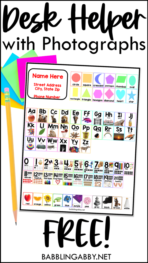Download a free desk helper to make teaching preschool, kindergarten, and first grade easier. It's a one-page printable that shares the alphabet, numbers, colors and shapes. Students can use this resource at their desks to help them with letter, number, color and shape recognition. Download for free at babblingabby.net #babblingabby #free #kindergarten #deskhelper #classroomhelper #literacy #numeracy #colors #shapes #alphabet #mumbers