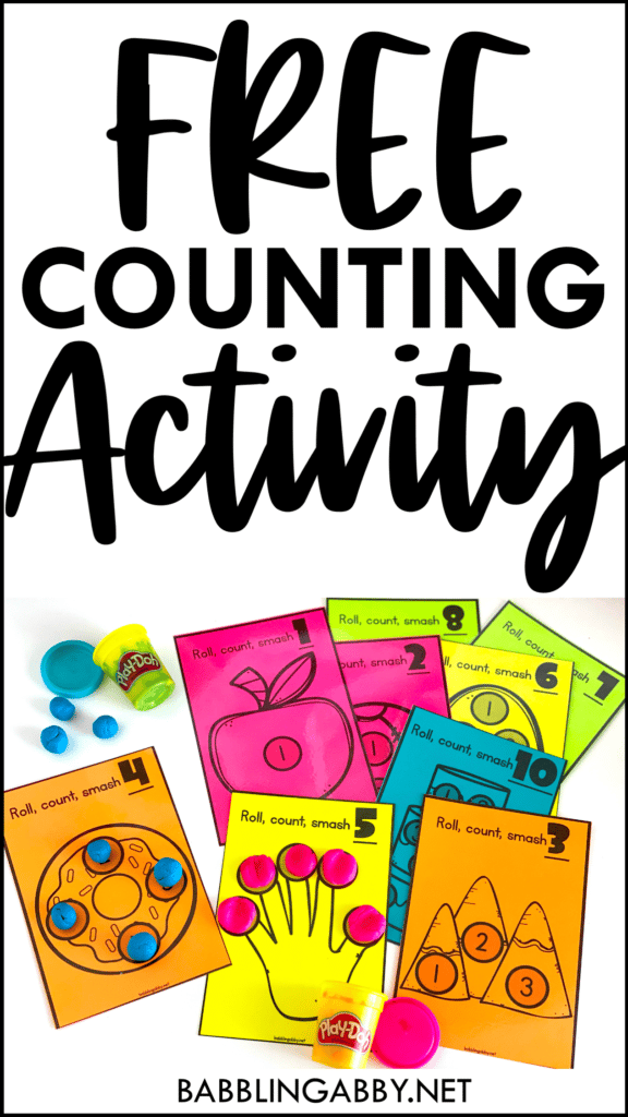 Practice 1-1 correspondence, touch counting, cardinality, and counting quantities with this hands-on math activity that uses play doh! It’s perfect for preschool, kindergarten, and first grade students. Bonus: it also works on fine motor skills! Download the FREE printable resource at babblingabby.net #babblingabby #freeprintable #free #math #counting #cardinatlity #onetoonecorrespondence #finemotor #playdoh #kindergarten #preschool #firstgrade #touchcounting