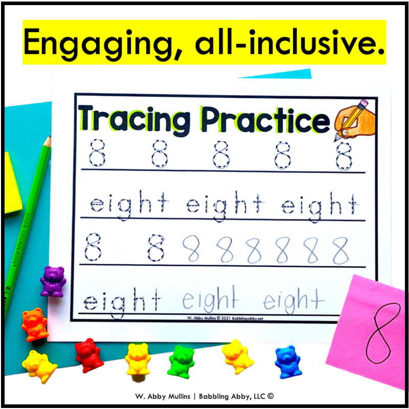 Tracing practice pages to help teach number recognition and identification.